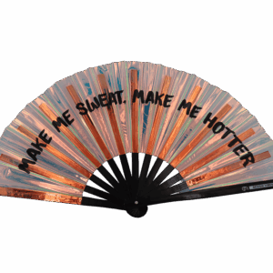 Éventail de festival « MAKE ME SWEAT » holographique or rose – Rave